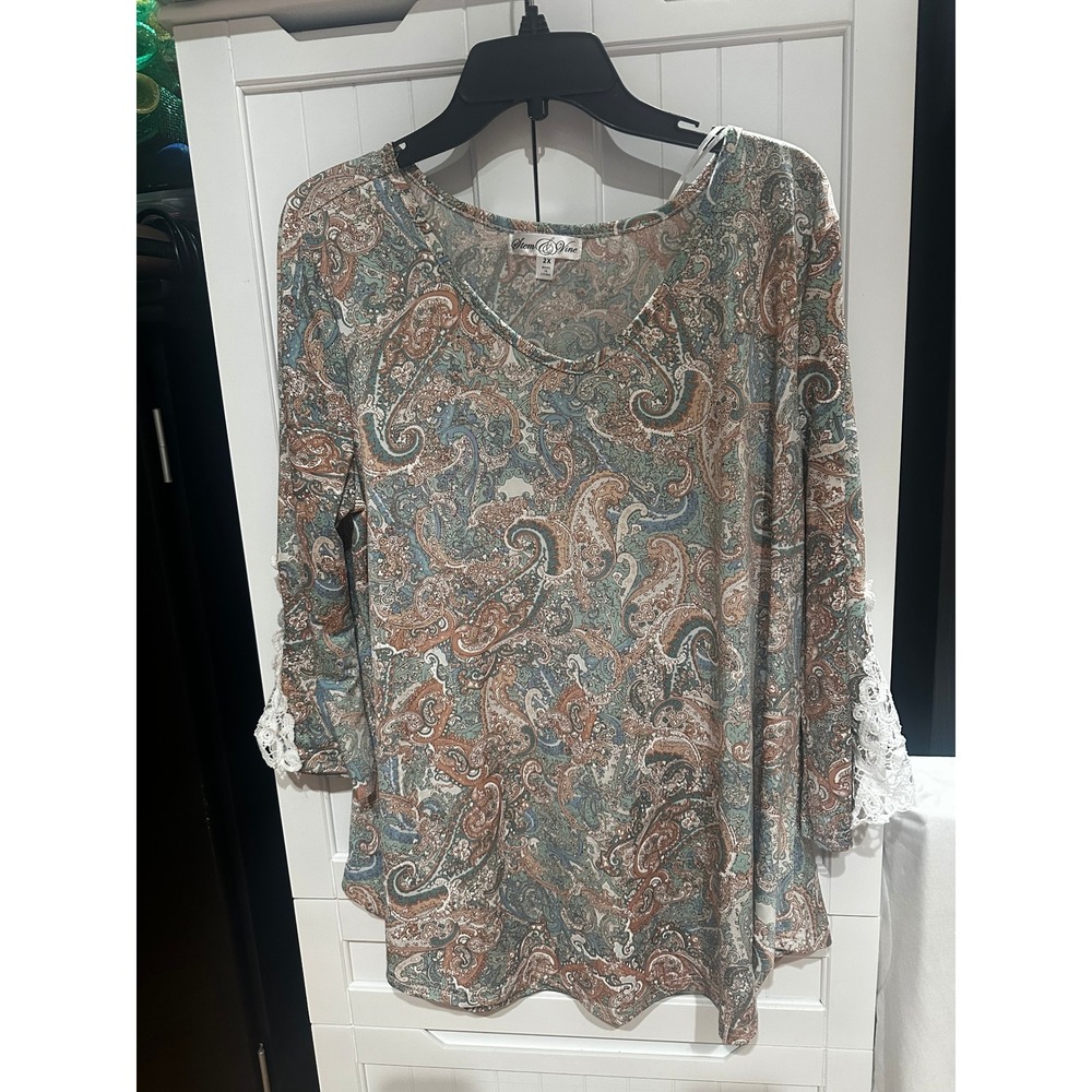 Stem & Vine Paisley Lace Trim Tunic Top 2X Sage Rust V-Neck 3/4 Sleeve T15134PMX
